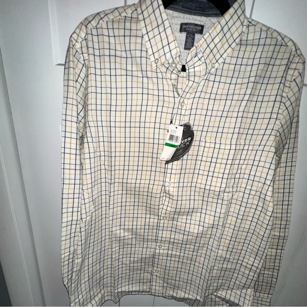 Van Heusen Cream, Yellow, and Black Casual Button Down Shirt NWT - Never Tuck - Picture 2 of 5